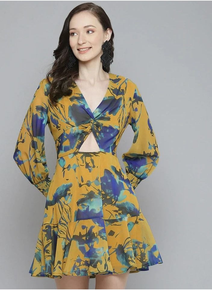 SASSAFRAS - Mustard & Blue Floral Front Knot Short Dress - Image 1