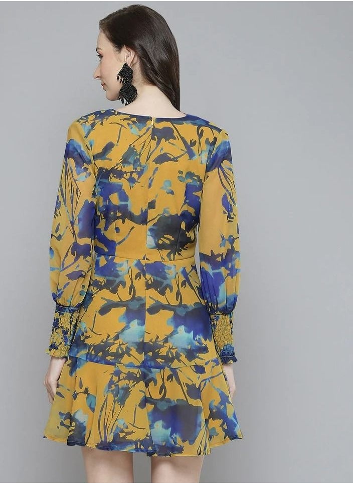 SASSAFRAS - Mustard & Blue Floral Front Knot Short Dress - Image 1