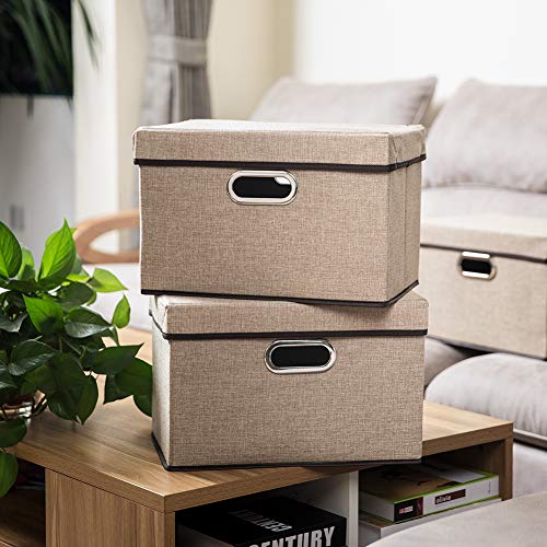 PRANDOM Collapsible Storage Containers with Lids [5-Pack] Jute Fabric Foldable Storage Bins Boxes Organizer Baskets Cube with Cover for Home Bedroom Closet Office Nursery (14.9x9.8x9.8) - Image 2