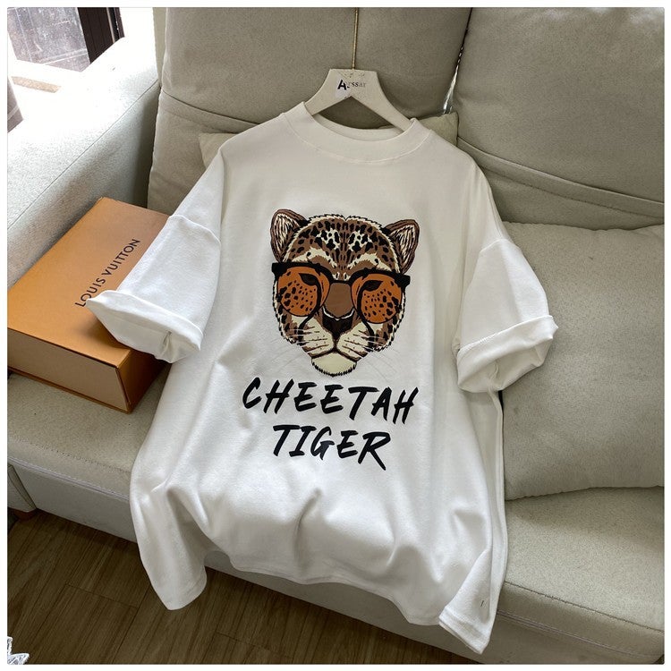 Summer 2024 New Arrival oversize Tiger Head Cartoon Printed Loose All-Match Cotton Short-Sleeved T-Shirt Trendy - Image 1
