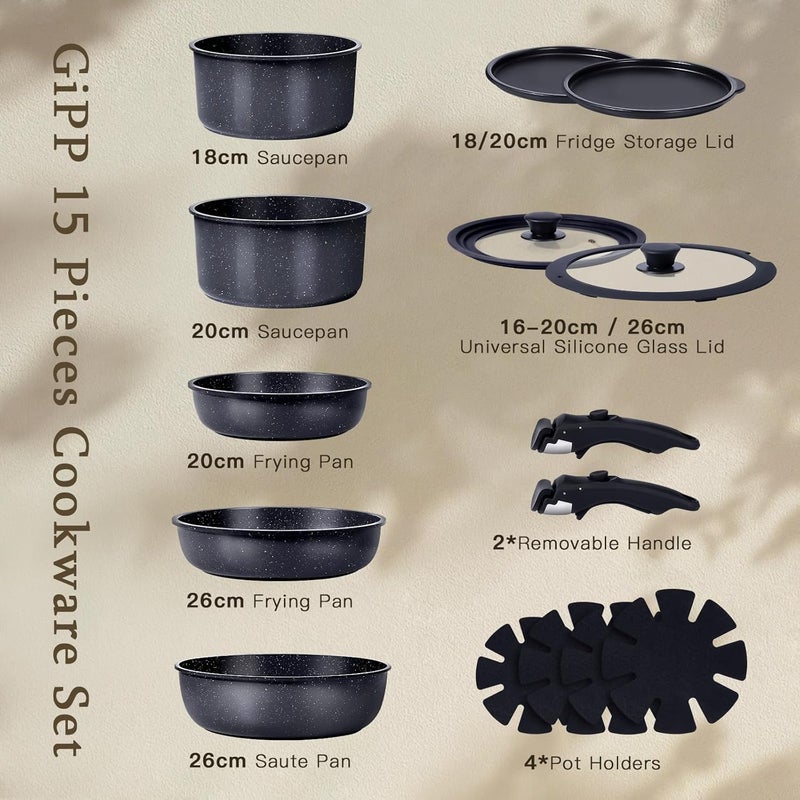 GiPP Ceramic Coating Pots and Pans Set Non Stick, 15Pcs Nonstick Detachable Handle Cookware Sets, Non Toxic Induction Kitchen Pot and Pan, Healthy RV Cookware, Dishwasher＆Oven Safe(Grey) - Image 2