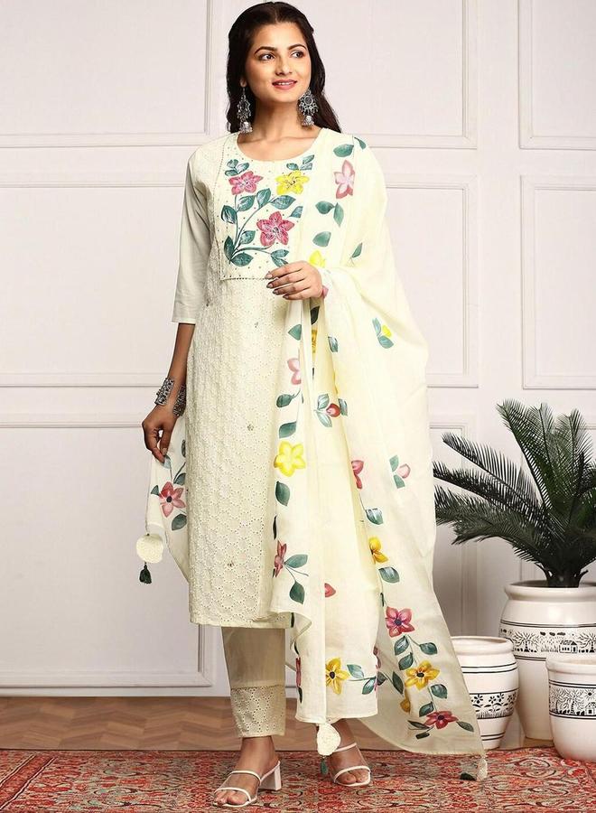 آي شين طقم كورتا قطنية بطبعة زهور مع بنطلون وشال من إيشين - Image 1