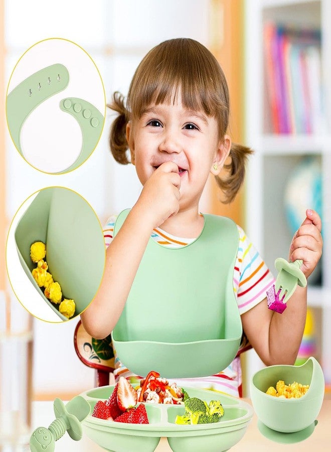 Deoxys Silicone Baby Feeding Set, Baby Led Weaning Supplies, Eating Essentials Utensils with Suction Plate and Bowl, Pocket Bib, Sippy Cup with Lid, Forks Spoons, for 6+ Months (Green) - Image 5