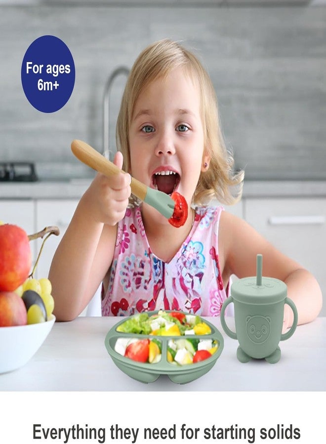 Deoxys Silicone Baby Feeding Set, Baby Led Weaning Supplies, Eating Essentials Utensils with Suction Plate and Bowl, Pocket Bib, Sippy Cup with Lid, Forks Spoons, for 6+ Months (Green) - Image 2