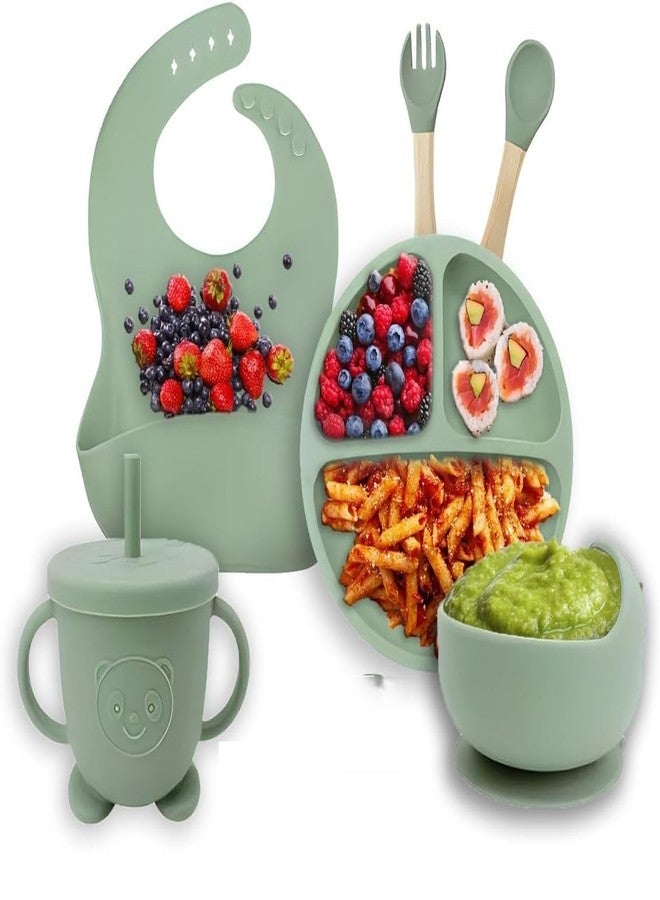 Deoxys Silicone Baby Feeding Set, Baby Led Weaning Supplies, Eating Essentials Utensils with Suction Plate and Bowl, Pocket Bib, Sippy Cup with Lid, Forks Spoons, for 6+ Months (Green) - Image 1