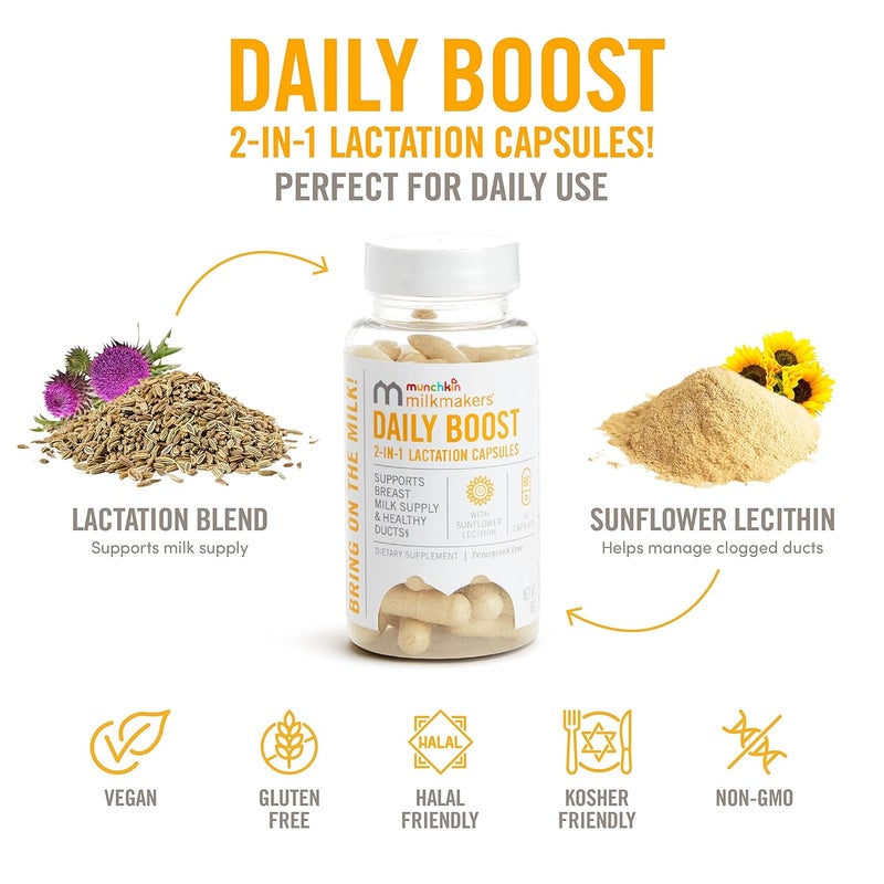 Munchkin Milkmakers Daily Boost 2in1 Lactation Supplements for Breastfeeding Nursing  Pumping Moms  Fenugreek Free 60 Capsules - Image 2