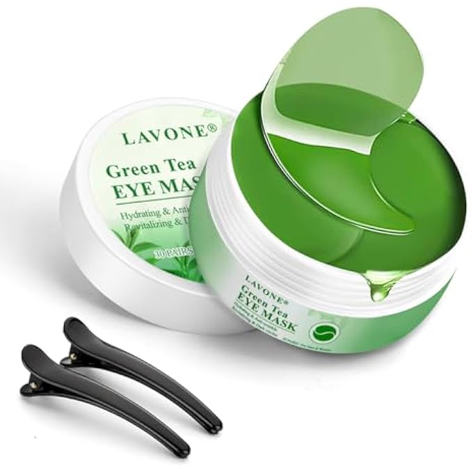 LAVONE Eye Mask - 30 Pairs Green Tea Eye Patches Skin Care Products for Dark Circles and Puffiness, Reduce Wrinkles and Fine Lines, Eye Patches for Women and Man,with Hair Clips - Image 1
