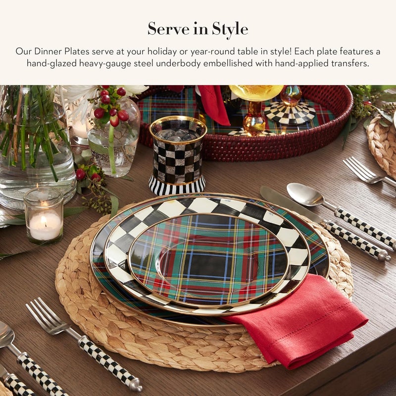 mackenzie childs MACKENZIECHILDS Enamel Dinner Plate Decorative Dinnerware Plate 10 Inches Black Tartan - Image 2
