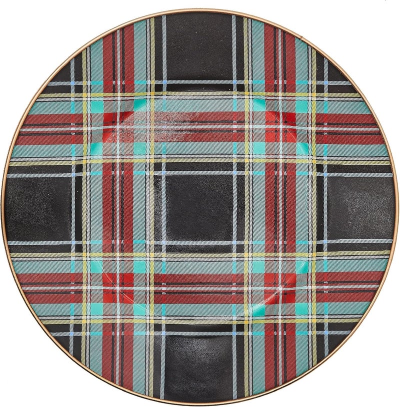 mackenzie childs MACKENZIECHILDS Enamel Dinner Plate Decorative Dinnerware Plate 10 Inches Black Tartan - Image 1