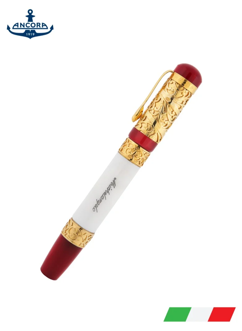 Ancora Limited Luxury Rollerball Pen Michelangelo by Ancora 1919 18K Gold Trim Silver White Marble Certificated Engraved High Quality Pen 2 Years Warranty Smooth Writing Signature Pen Exclusive Gift Box