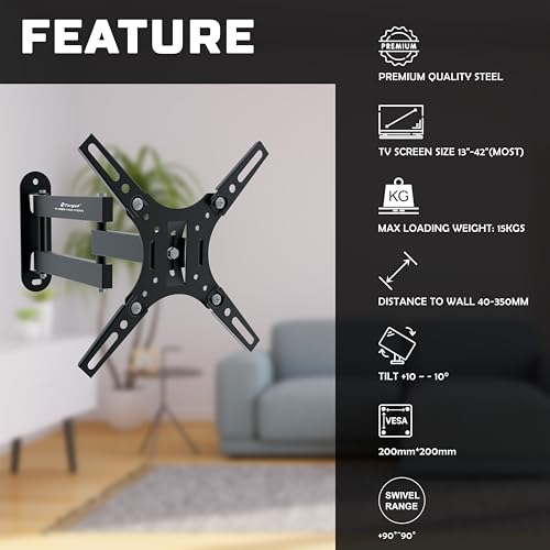 Target TT-WMD-1342-1TS(X1) Full Motion TV Wall Mount, Premium Steel, 13-42 Inch Screen Size, 15kg Load Capacity, 90° Swivel Range, VESA 200x200mm Compatible, Black - Image 2