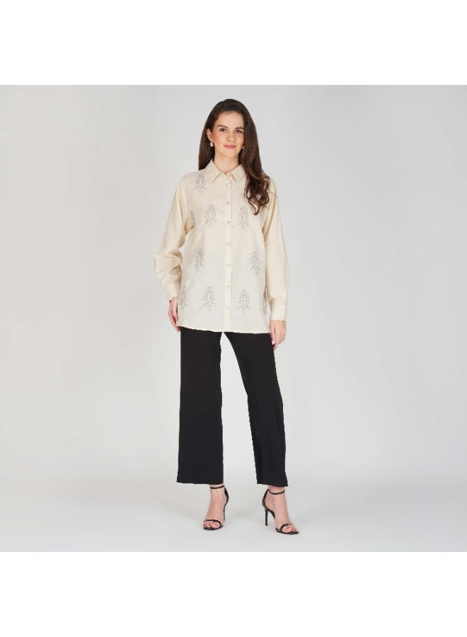 Linelle Soft Crepe Ladies Shirt – Collar Neck, Full Sleeves and Embroidery Detailing - Image 3