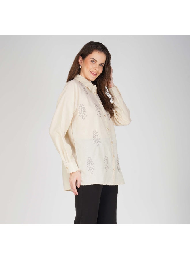 Linelle Soft Crepe Ladies Shirt – Collar Neck, Full Sleeves and Embroidery Detailing - Image 4