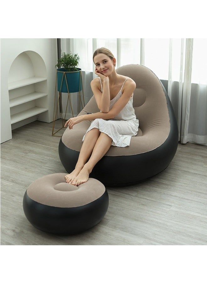 Inflatable Chair and Footrest Set (2 Pieces) - Velvet Lounge Sofa for Living Room, Camping, Beach - Multicolor (With Blower Gift) (Beige) - Image 1