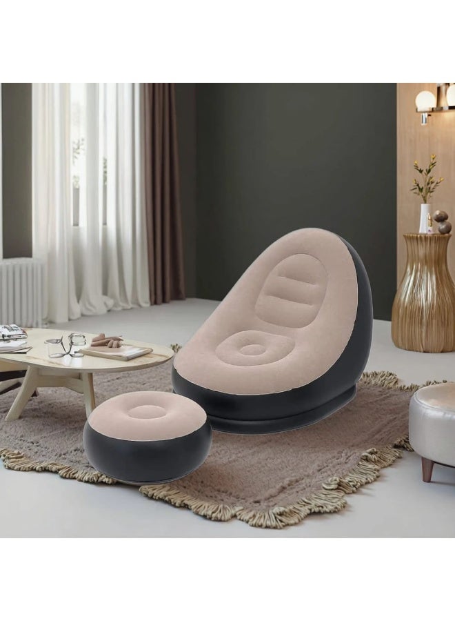Inflatable Chair and Footrest Set (2 Pieces) - Velvet Lounge Sofa for Living Room, Camping, Beach - Multicolor (With Blower Gift) (Beige) - Image 3