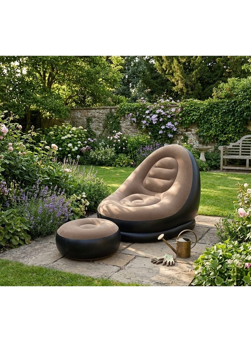 Inflatable Chair and Footrest Set (2 Pieces) - Velvet Lounge Sofa for Living Room, Camping, Beach - Multicolor (With Blower Gift) (Beige) - Image 4