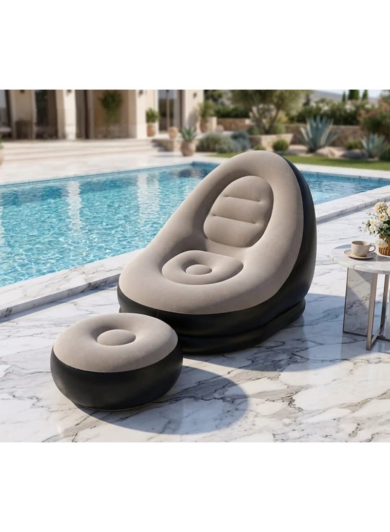Inflatable Chair and Footrest Set (2 Pieces) - Velvet Lounge Sofa for Living Room, Camping, Beach - Multicolor (With Blower Gift) (Beige) - Image 5