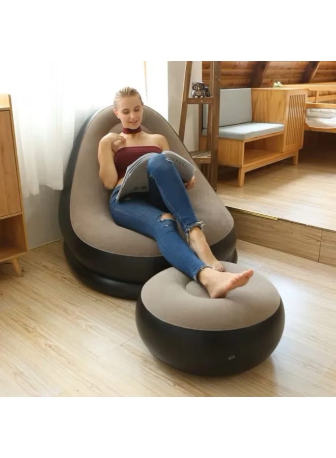 Inflatable Chair and Footrest Set (2 Pieces) - Velvet Lounge Sofa for Living Room, Camping, Beach - Multicolor (With Blower Gift) (Beige) - Image 2