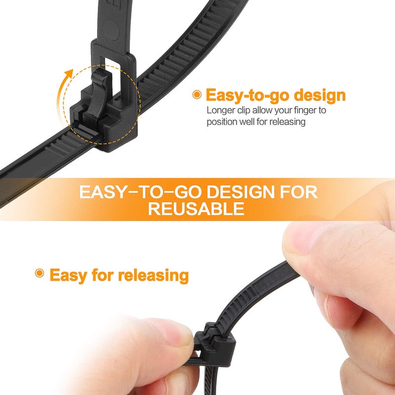 SOOOEC 100 Pack Reusable Zip Ties Assorted Sizes 6+8+10+12 Inch UV Resistant, Black Zip Ties Heavy Duty Outdoor Releasable Round Ending No Hurt, Cable Ties Reusable Tie Wraps Indoor Non Slip Off - Image 4