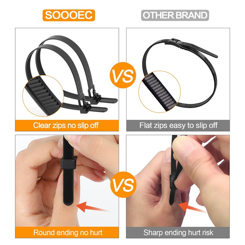 SOOOEC 100 Pack Reusable Zip Ties Assorted Sizes 6+8+10+12 Inch UV Resistant, Black Zip Ties Heavy Duty Outdoor Releasable Round Ending No Hurt, Cable Ties Reusable Tie Wraps Indoor Non Slip Off - Image 3