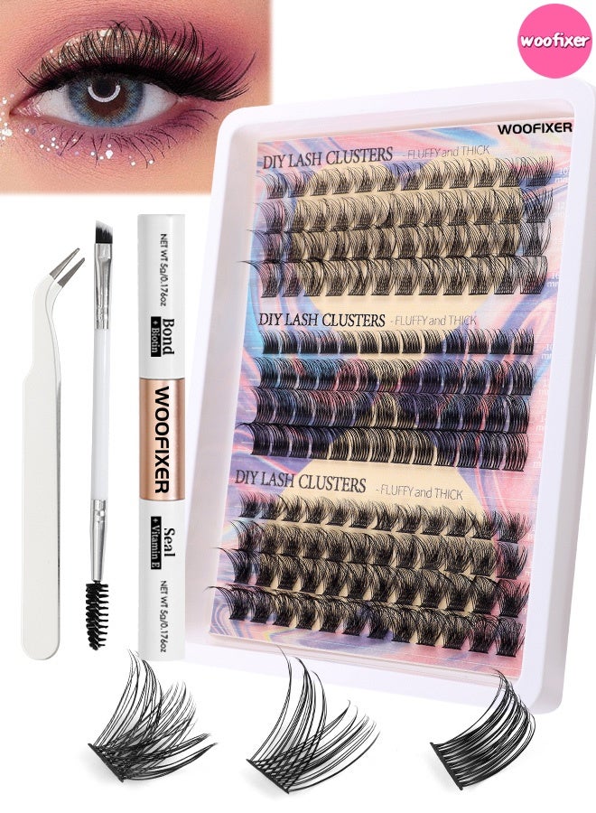 Woofixer Lash Clusters, Lash Adhesive Glue & Lash Tweezer Set Eyelash Extensions Wispy False Eyelashes Lash Clusters DIY Eyelash Extensions Individual False Eyelashes for Women D-Curl Perfection for Your Eyes! - Image 1