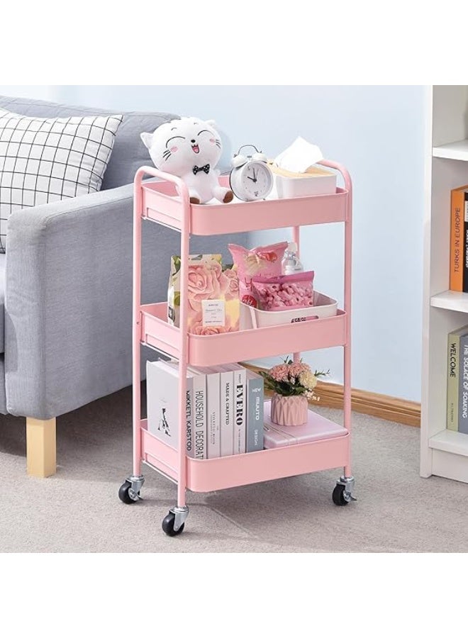 Turbo 3-Tier Rolling Trolley, Metal Utensil Trolley with Lockable Wheels, Arts & Crafts Organization & Storage Trolley, Easy Assembly Serving Trolley for Kids Room, Bathroom, Nursery & Beauty Salon (Pink) - Image 2