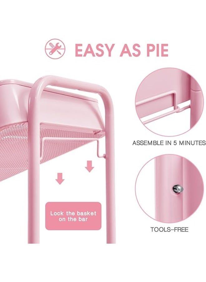 Turbo 3-Tier Rolling Trolley, Metal Utensil Trolley with Lockable Wheels, Arts & Crafts Organization & Storage Trolley, Easy Assembly Serving Trolley for Kids Room, Bathroom, Nursery & Beauty Salon (Pink) - Image 5