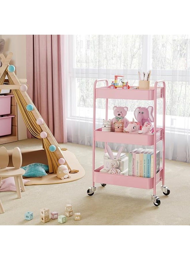 Turbo 3-Tier Rolling Trolley, Metal Utensil Trolley with Lockable Wheels, Arts & Crafts Organization & Storage Trolley, Easy Assembly Serving Trolley for Kids Room, Bathroom, Nursery & Beauty Salon (Pink) - Image 3