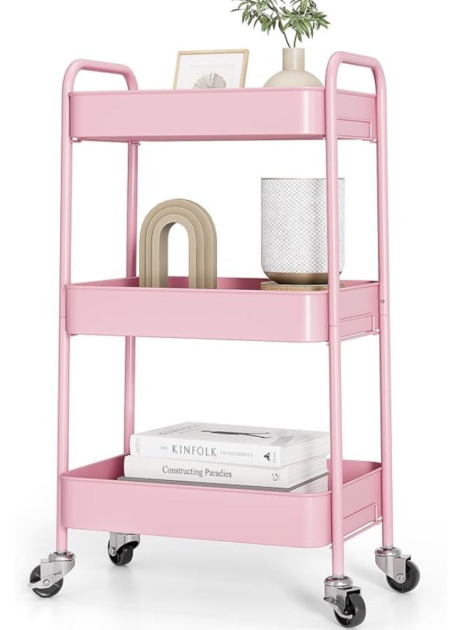 Turbo 3-Tier Rolling Trolley, Metal Utensil Trolley with Lockable Wheels, Arts & Crafts Organization & Storage Trolley, Easy Assembly Serving Trolley for Kids Room, Bathroom, Nursery & Beauty Salon (Pink) - Image 1