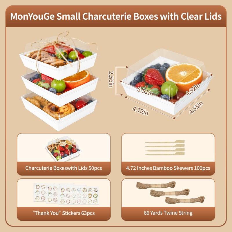 MonYouGe 5 Inches Small Charcuterie Boxes with Clear Lids and Bamboo Skewers, 50 Pack Disposable To Go Paper Mini Charcuterie Containers Dessert Boxes for Sandwich, Cookie, Sushi and Cake Slice - Image 3