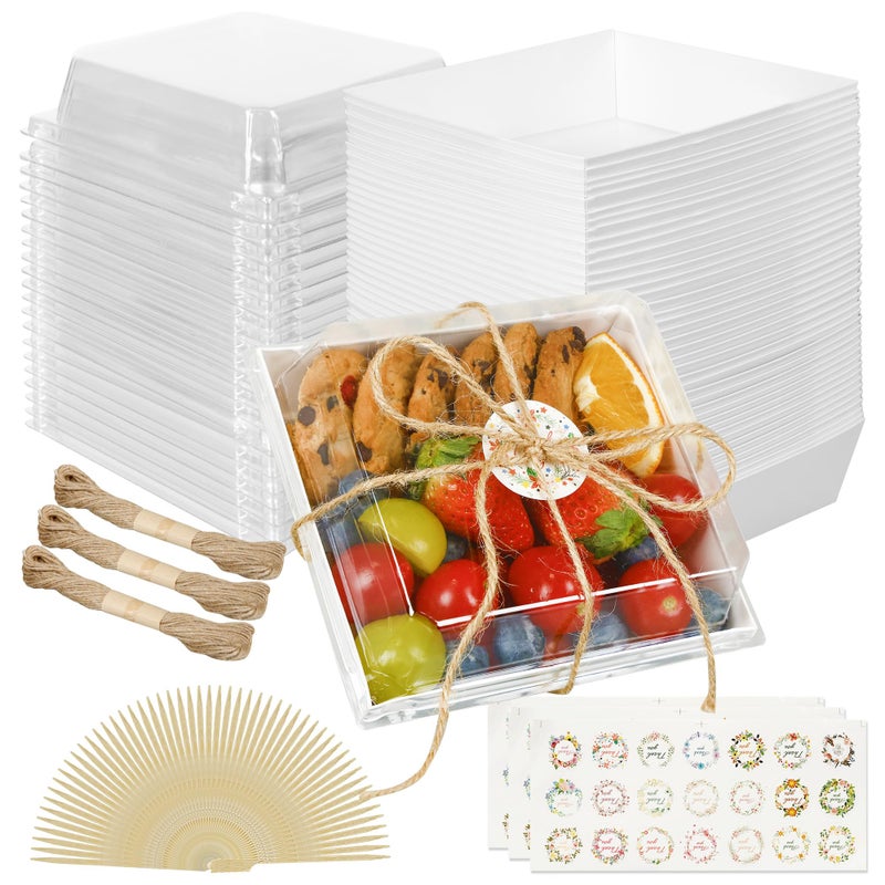 MonYouGe 5 Inches Small Charcuterie Boxes with Clear Lids and Bamboo Skewers, 50 Pack Disposable To Go Paper Mini Charcuterie Containers Dessert Boxes for Sandwich, Cookie, Sushi and Cake Slice - Image 1