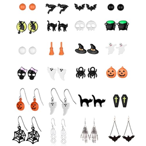 Dcfywl731 24 Pairs Halloween Earrings for Women Bat Witch Cat Earrings Set Spider Web Pumpkin Skull Dangle Earring Halloween Jewelry Accessories Costumes - Image 1