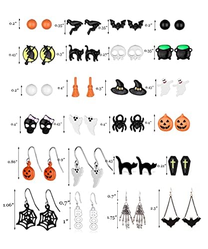 Dcfywl731 24 Pairs Halloween Earrings for Women Bat Witch Cat Earrings Set Spider Web Pumpkin Skull Dangle Earring Halloween Jewelry Accessories Costumes - Image 2