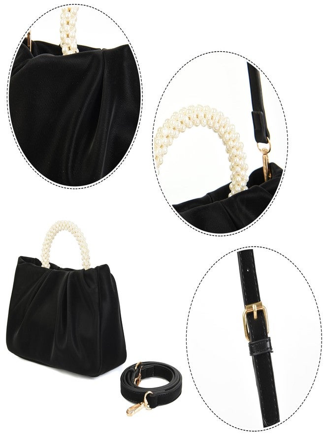 Valleycomfy Evening Clutch Pearl Purses for Women Ladies Soft Leather Cloud Crossbody Bags Shoulder Bag for Party/Wedding/Cocktail/Prom/Club, Black, Small - Image 5