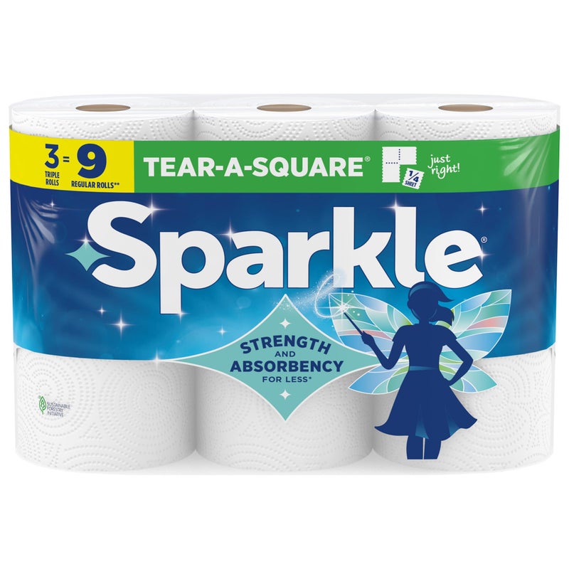 Sparkle Tear-A-Square Paper Towels, 3 Triple Rolls = 9 Regular Rolls, Strong 2-Ply Towels for Kitchen Cleanup and Everyday Messes - Image 1
