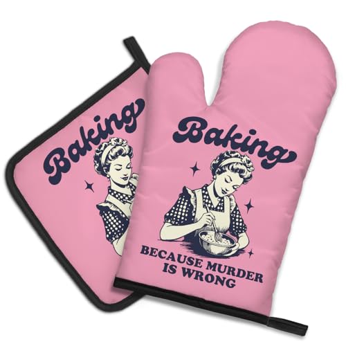 DYJYBMY Baking Because Murder is Wrong Funny Oven Mitts and Pot Holder Set, Humorous Vintage Kitchen Gadgets for Women, Birthday Gifts for Bake Lover Chef, Hostess Gifts for Mom Wife Sister BFF (FS) - Image 1