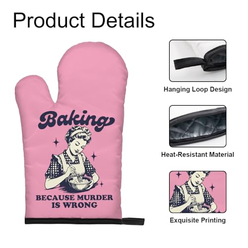 DYJYBMY Baking Because Murder is Wrong Funny Oven Mitts and Pot Holder Set, Humorous Vintage Kitchen Gadgets for Women, Birthday Gifts for Bake Lover Chef, Hostess Gifts for Mom Wife Sister BFF (FS) - Image 3