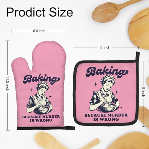 DYJYBMY Baking Because Murder is Wrong Funny Oven Mitts and Pot Holder Set, Humorous Vintage Kitchen Gadgets for Women, Birthday Gifts for Bake Lover Chef, Hostess Gifts for Mom Wife Sister BFF (FS) - Image 2