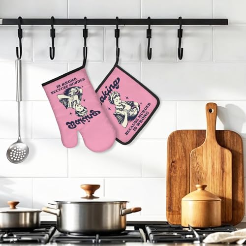 DYJYBMY Baking Because Murder is Wrong Funny Oven Mitts and Pot Holder Set, Humorous Vintage Kitchen Gadgets for Women, Birthday Gifts for Bake Lover Chef, Hostess Gifts for Mom Wife Sister BFF (FS) - Image 4