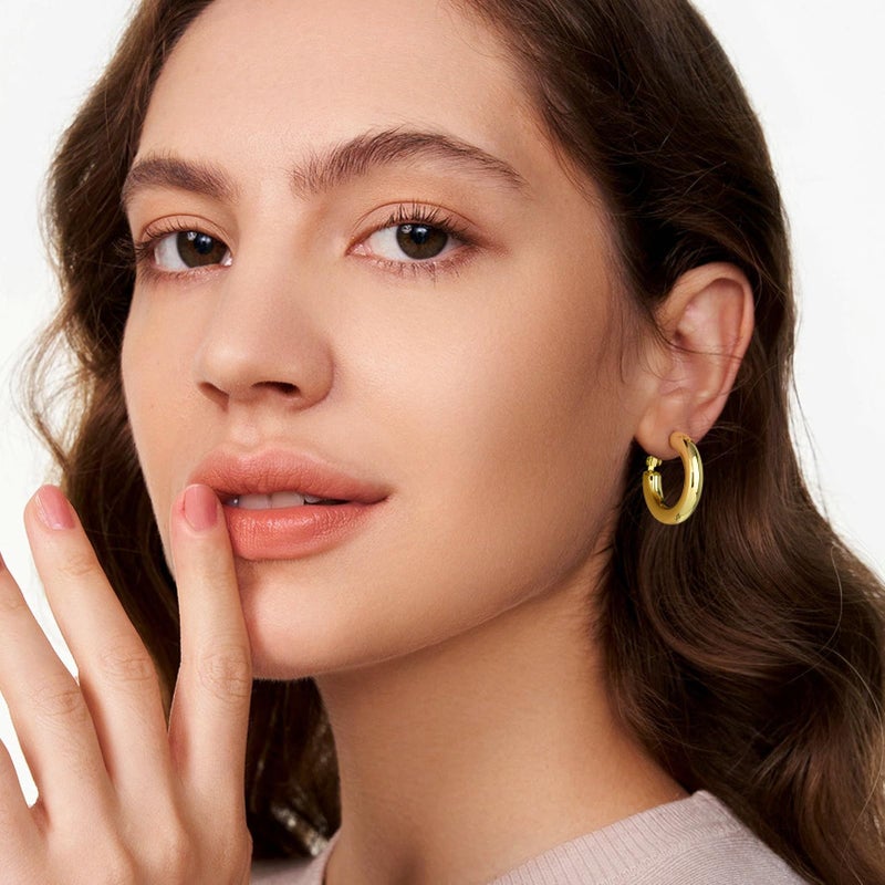 SHOWNII Chunky Gold Hoop Earrings - 14K Gold Plated Earrings for Women Hollow Tube Thick Hoops Graduation Gifts for Her - Image 2