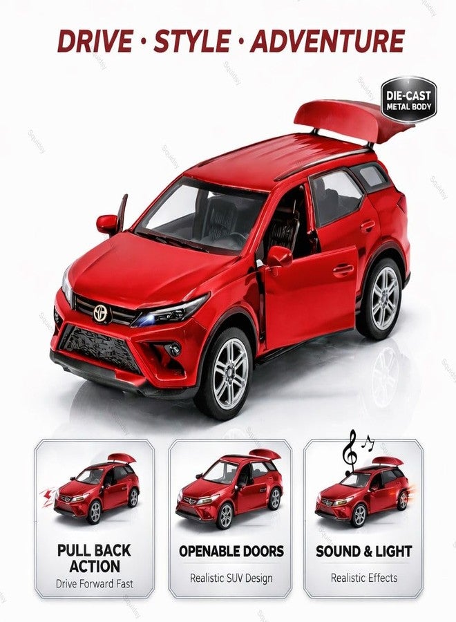 SQUIDSY 1:36 Scale Fortuner Toy Car – Toyota Die-Cast Mini Metal Pull Back SUV with Openable Doors, Lights & Music – Alloy Model Vehicle for Kids, Boys & Collectors【Red】 - Image 4
