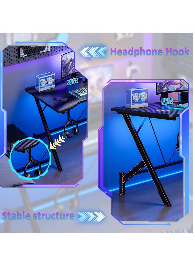 FAMAPY Gaming Desk 110*54*74 cm,Gamer Table With Headphone Hook⋓ Stand,Gaming Desk with Carbon Fibre Surface,Double Cable Hole Writing Study Workstation or Kids Office Table,Ideas for Gamers and Students - Image 2