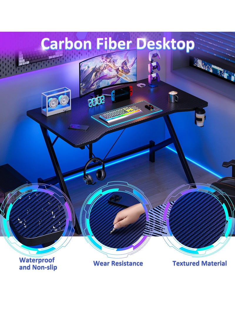 FAMAPY Gaming Desk 110*54*74 cm,Gamer Table With Headphone Hook⋓ Stand,Gaming Desk with Carbon Fibre Surface,Double Cable Hole Writing Study Workstation or Kids Office Table,Ideas for Gamers and Students - Image 5