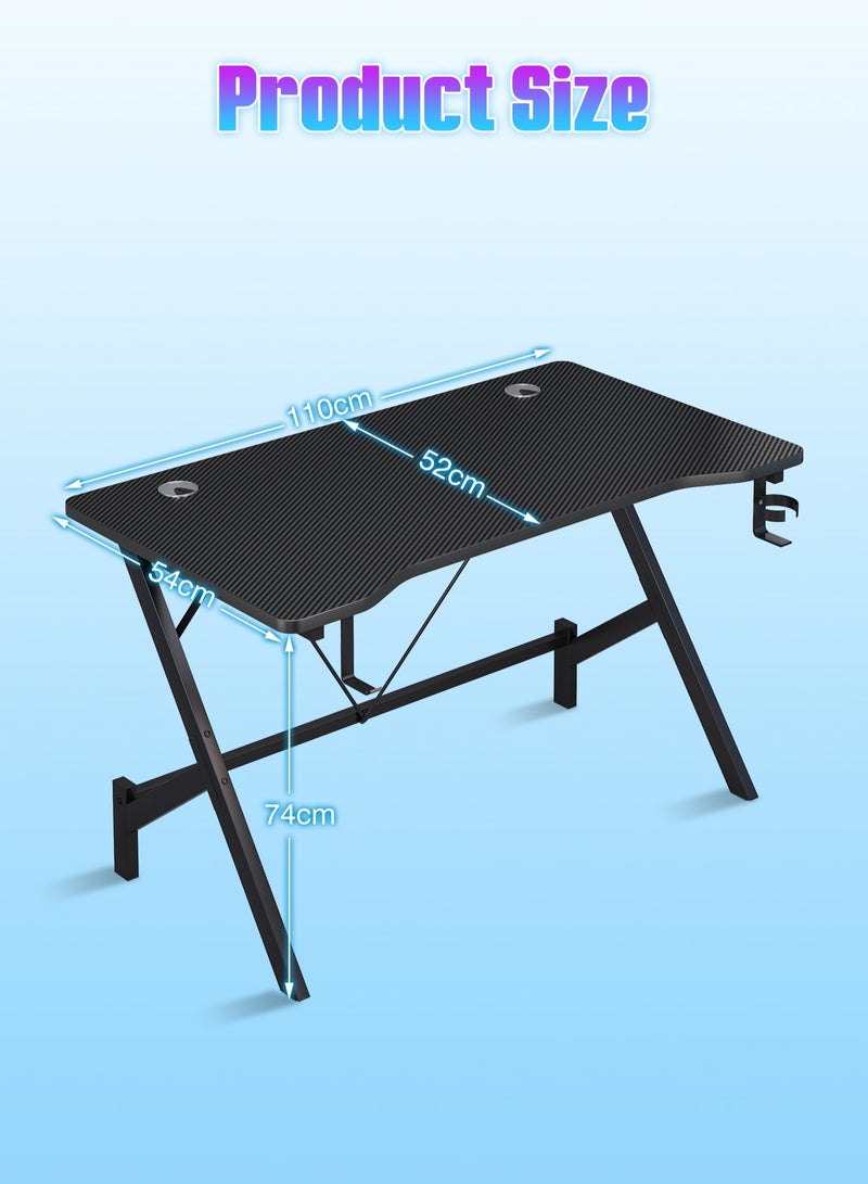 FAMAPY Gaming Desk 110*54*74 cm,Gamer Table With Headphone Hook⋓ Stand,Gaming Desk with Carbon Fibre Surface,Double Cable Hole Writing Study Workstation or Kids Office Table,Ideas for Gamers and Students - Image 3