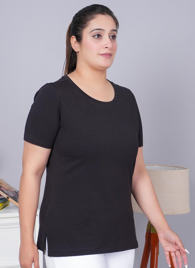 Mlada Store Mlada Women Casual Relaxed Fit Round Neck Half Sleeves Solid Cotton T-shirt - Image 3