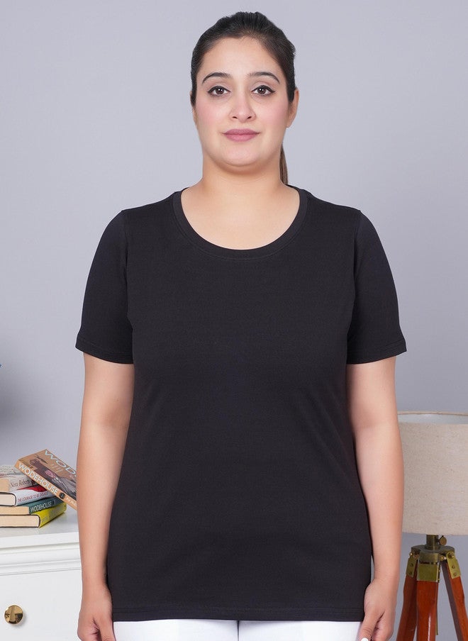 Mlada Store Mlada Women Casual Relaxed Fit Round Neck Half Sleeves Solid Cotton T-shirt - Image 1