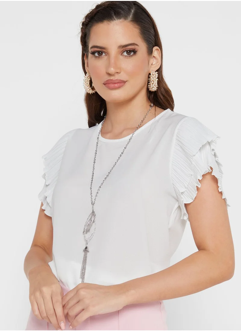 QUIZ Pleated Sleeves Necklace Detail Top