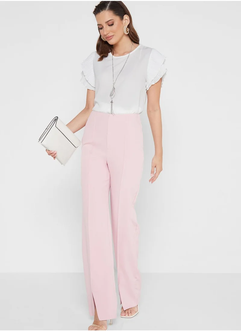 QUIZ Pleated Sleeves Necklace Detail Top