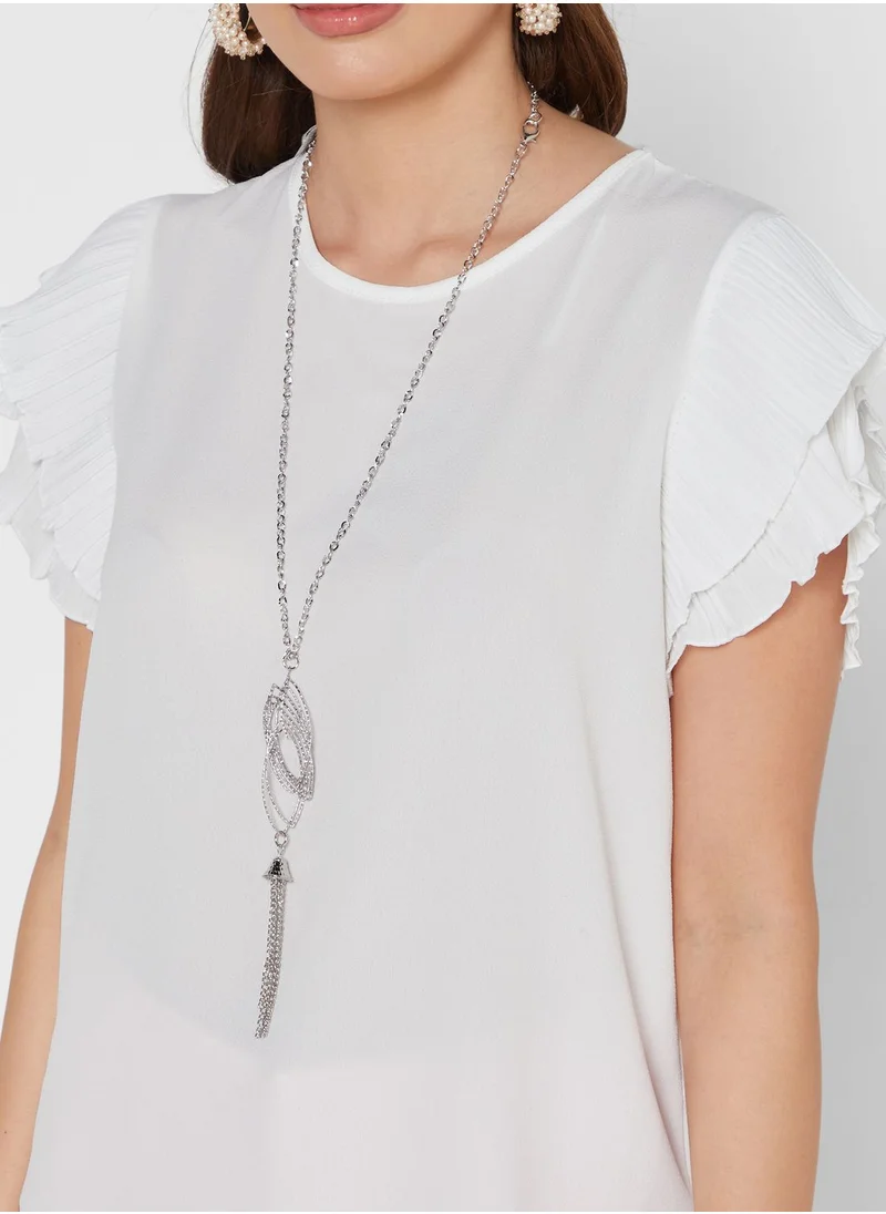 QUIZ Pleated Sleeves Necklace Detail Top