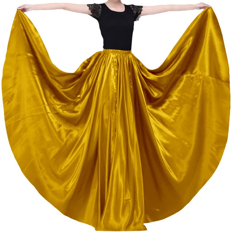 Ladies 20 Yard Elegant Satin Long Full Skirt for Ballroom Belly Dance Performance Costume Dress Dark Gold